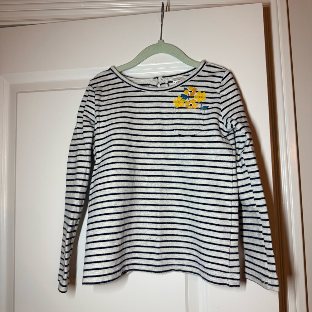 Carter's Black and White Striped Long Sleeve Tee with Yellow Floral Detail